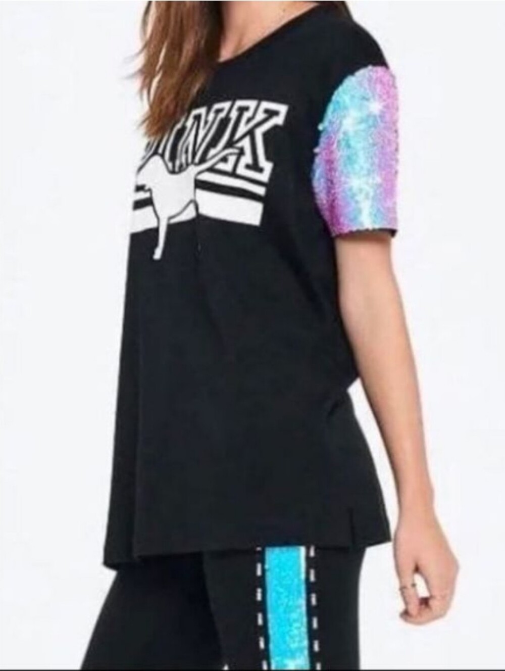 [RARE] VS PINK Mermaid Holographic Flip Sequin Campus Short Sleeve Tee Size M